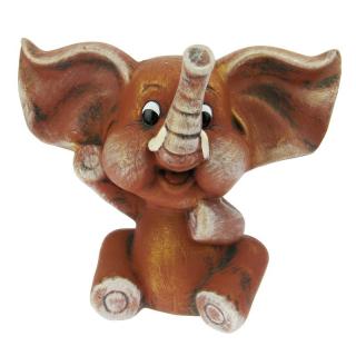 Pokladnička slon s velkýma ušima hnědý 28 cm (Slon sedící vlající)