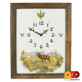 Porcelánové hodiny Lov - jelen 31 x 39 cm (Porcelánové nástěnné hodiny v dřevěném rámu)