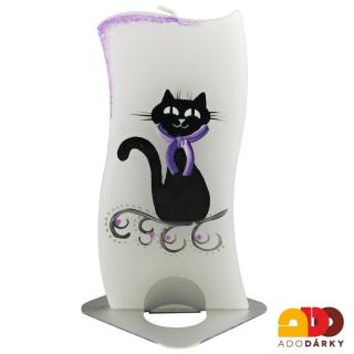 Ručně malovaná svíčka 14 cm v kovovém stojánku (Svíčka s obrázkem kočky)