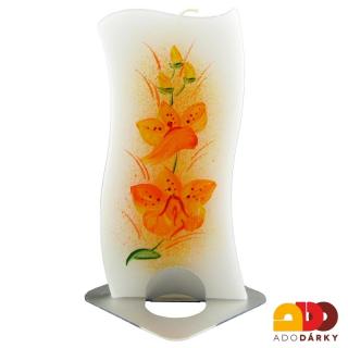 Ručně malovaná svíčka 14 cm v kovovém stojánku (Svíčka s obrázkem orchidee)