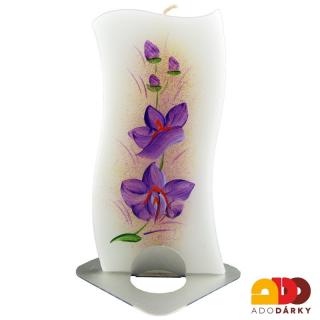Ručně malovaná svíčka fialová Orchidej 14 cm (Tenká svíce v kovovém stojánku)