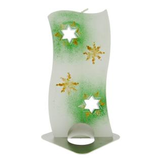 Ručně malovaná svíčka Zelená hvězda 14 cm (Tenká svíce v kovovém stojánku)