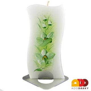 Ručně malovaná svíčka zelená Orchidej 14 cm (Tenká svíce v kovovém stojánku)