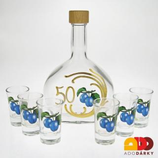 Sada 6 odlivek s láhví "50" 0,5 l (Dárková sada 1+6 sklo, jubilejní, švestka)