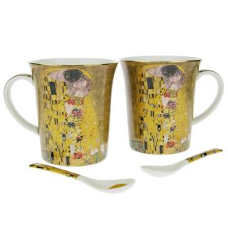 Sada dvou hrnků se lžičkami Gustav Klimt 300 ml (Porcelánové hrnečky s replikou obrazu Polibek)