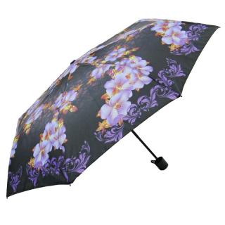 Skládací dámský deštník černý s fialovými květy (U-87 Deštník pro dámy mini skládací)
