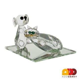Skleněná figurka "Pes a kočka" 10,5 x 6 x 6 cm (Figurka psa a kočky z křišťálového skla)