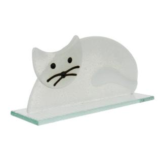 Skleněná kočka ležící bílá 17 cm (Figurka kočičky ze skla)