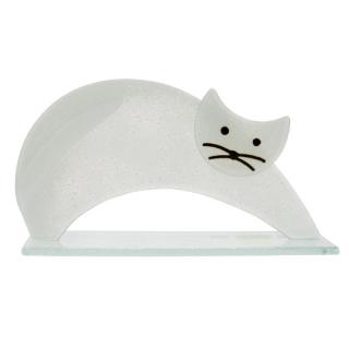 Skleněná kočka protahující se bílá 20,5 cm (Figurka kočičky ze skla)