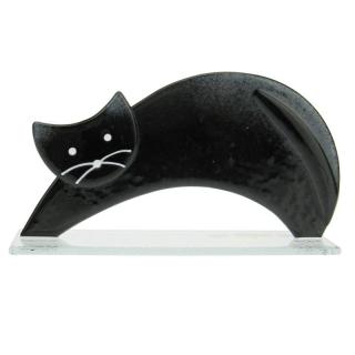 Skleněná kočka protahující se černá 20,5 cm (Figurka kočičky ze skla)