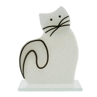 Skleněná kočka sedící bílá 10 cm (Figurka kočičky ze skla)