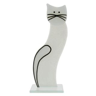 Skleněná kočka stojící bílá 19 cm (Figurka kočičky ze skla)