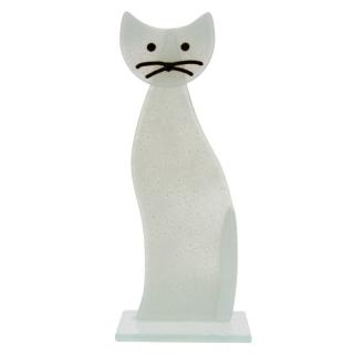 Skleněná kočka stojící bílá 21 cm (Figurka kočičky ze skla)