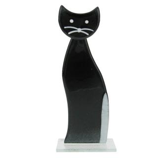 Skleněná kočka stojící černá 21 cm (Figurka kočičky ze skla)