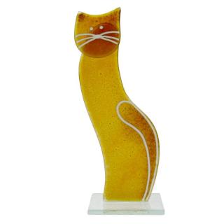 Skleněná kočka stojící rezavá 19 cm (Figurka kočičky ze skla)