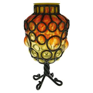Skleněná váza v kovovém stojanu 32 cm (Ručně dělaná váza oranžová)
