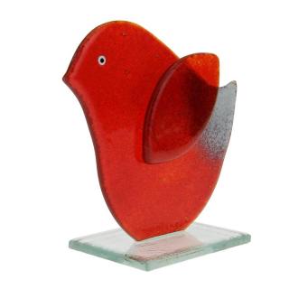 Skleněný ptáček červený 11 cm (Figurka malého ptáčka ze skla)