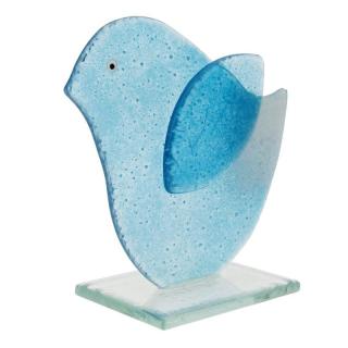 Skleněný ptáček modrý 11 cm (Figurka malého ptáčka ze skla)