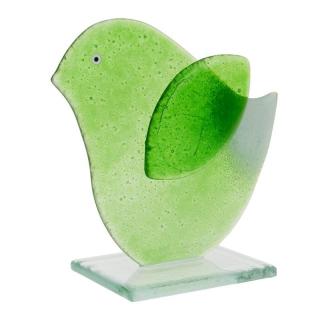 Skleněný ptáček zelený 11 cm (Figurka malého ptáčka ze skla)