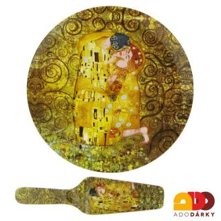 Skleněný talíř s lopatkou Klimt Ø 30 cm (Podnos s obrazem Polibek od Klimta)