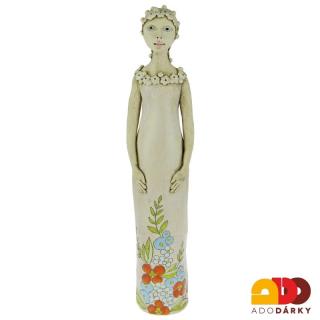 Socha ženy v béžových šatech 49 cm (Keramická plastika ženy s květinkovými vlasy)