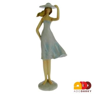 Soška dáma v klobouku modrá 25,5 cm (Dívka v šatech a klobouku)