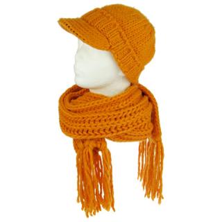 Souprava oranžové pletené šály a čepice s kšiltem (Dámský zimní komplet oranžový)