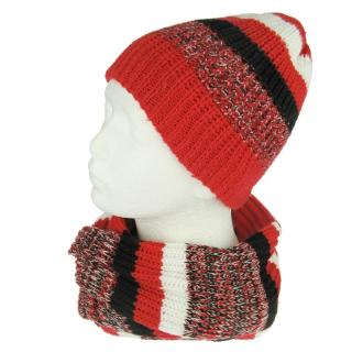 Souprava pruhované pletené šály a čepice (Dámský zimní komplet červeno černý)