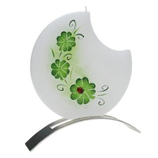 Svíčka 1 knot čtyřlístek s beruškou + kovový stojánek (Ručně malovaná svíčka zelený čtyřlístek)