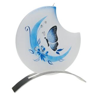 Svíčka 1 knot motýl + kovový stojánek (Ručně malovaná svíčka modrý motýlek)