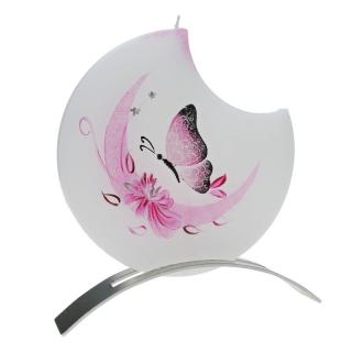 Svíčka 1 knot motýl + kovový stojánek (Ručně malovaná svíčka růžový motýlek)