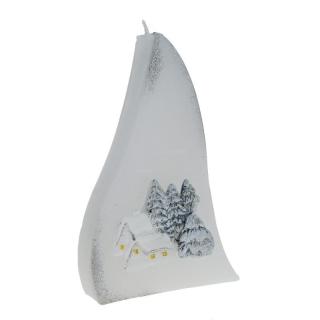 Svíčka jehlan Zimní krajina stříbrná 11 cm (Ručně malovaná vánoční svíčka)