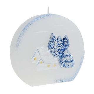 Svíčka kulatá Zimní krajina modrá 8 cm (Ručně malovaná vánoční svíčka)