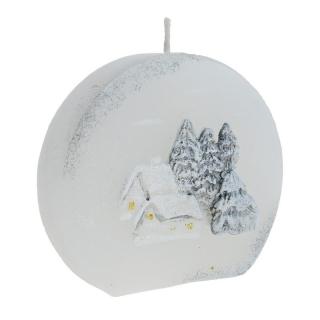 Svíčka kulatá Zimní krajina stříbrná 8 cm (Ručně malovaná vánoční svíčka)