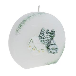 Svíčka kulatá Zimní krajina zelená 8 cm (Ručně malovaná vánoční svíčka)