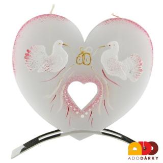 Svíčka srdce 2 knoty svatební + kovový stojánek (Ručně malovaná svíčka)