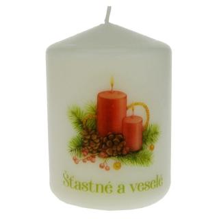 Svíčka válec "Šťastné a veselé" 8 cm (Bílá svíčka s vánočním potiskem)