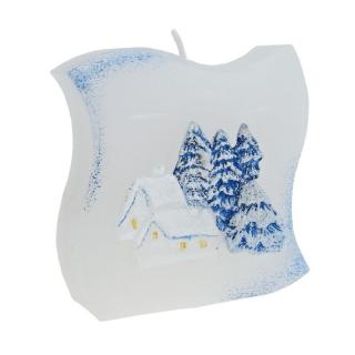 Svíčka Zimní krajina modrá 7,5 cm (Ručně malovaná vánoční svíčka)