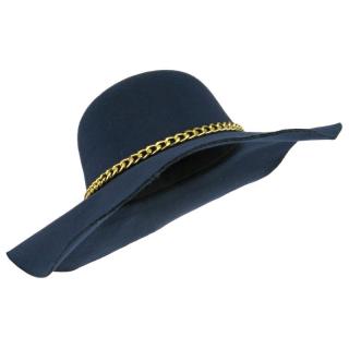 Tmavě modrý klobouk s řetízkem (Dámský klobouk s širokou krempou)