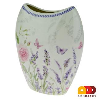 Váza baňatá 21 cm Levandule a pivoňka (Porcelánová váza v dekoru levandule a pivoněk)