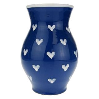 Váza modrá s bílými srdíčky 22 cm (Keramická váza srdíčka)