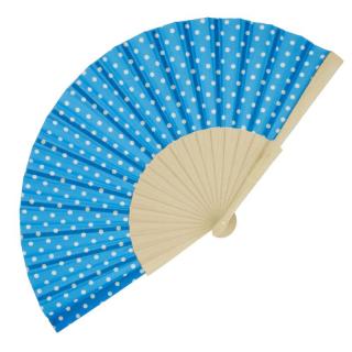 Vějíř dřevěný s puntíky modro bílý 42 cm (Dámský vějíř do ruky puntíkovaný)