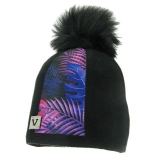 Vlněná zimní čepice černá s fialovou džunglí (Čepice na zimu s potiskem)