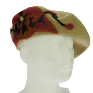 Vlněný baret béžový s kytkou (Dámský zimní baret 11 palců)