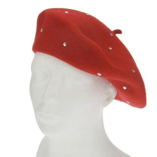 Vlněný baret červený s kamínky (Dámský zimní baret 11 palců)