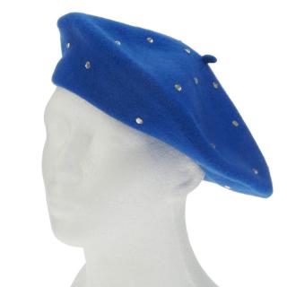 Vlněný baret modrý s kamínky (Dámský zimní baret 11 palců)