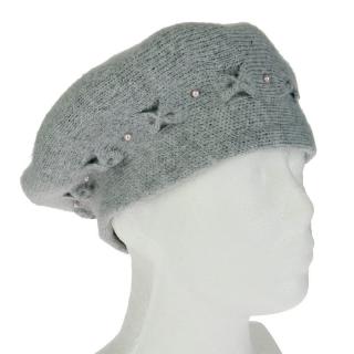Vlněný baret s ozdobou šedý (Dámský zimní baret)