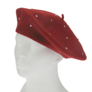 Vlněný baret tmavě červený s kamínky (Dámský zimní baret 11 palců)