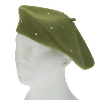 Vlněný baret zelený s kamínky (Dámský zimní baret 11 palců)
