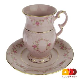 Vysoký hrnek s podšálkem růžový porcelán 0,22 l (Porcelánové šapo růžový porcelán květinový dekor)